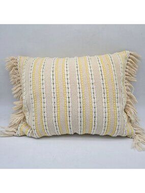 MCM Yellow & Cream Striped Woven Throw Pillow Fringe Accents 20"x15" Boho